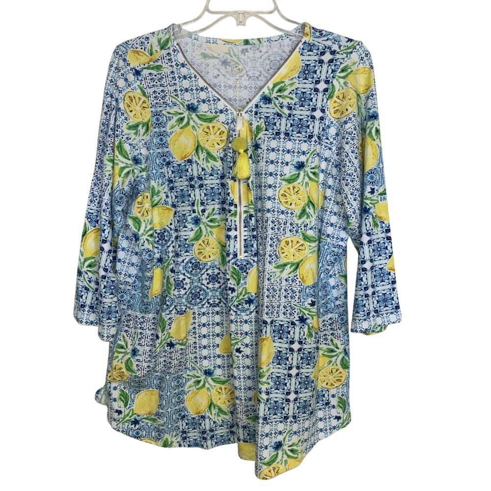 NWOT Lemon Print Half Zip 3/4 Sleeve Top Swim Cover Up 1X Tassel Beach